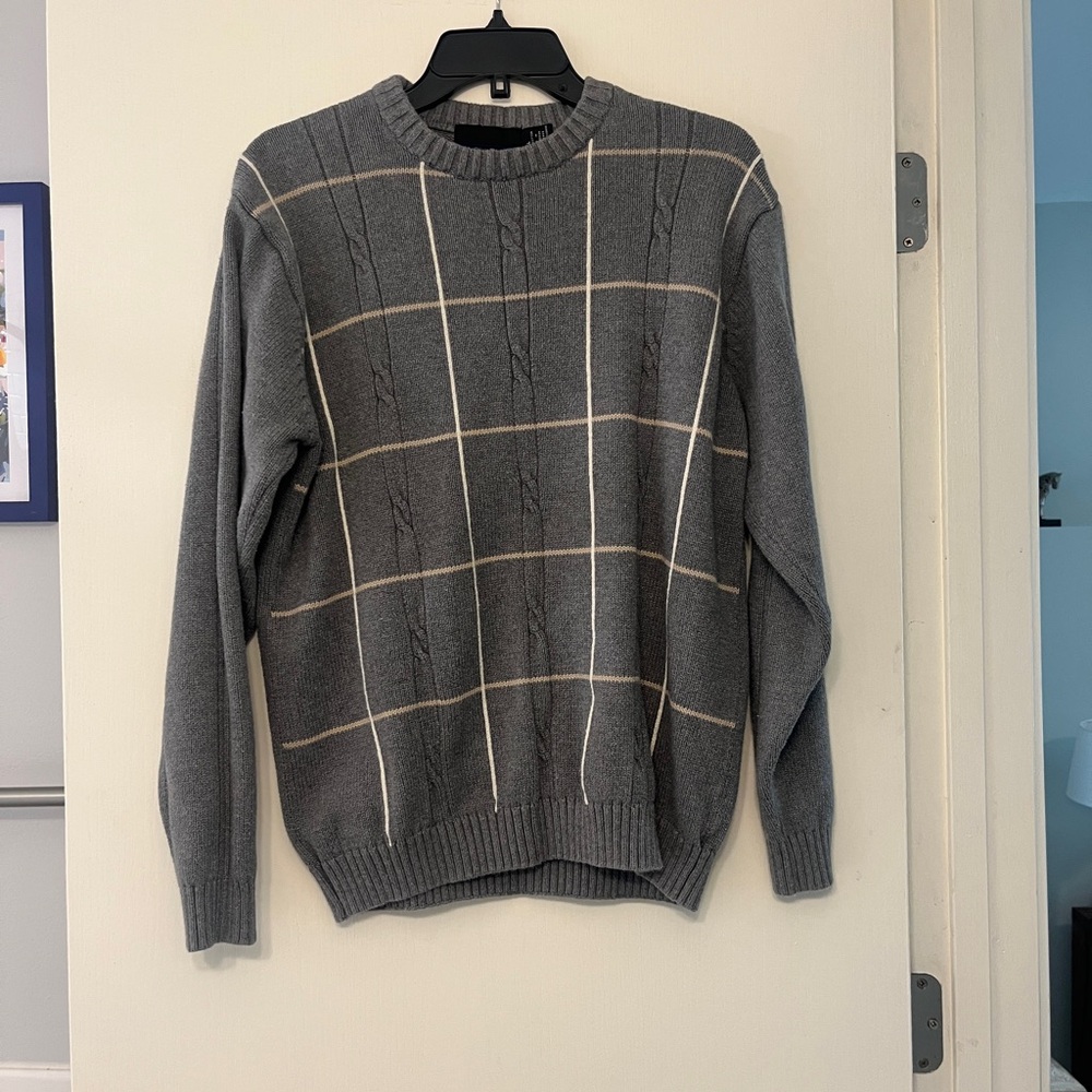 Vintage Bill Blass Windowpane Crew Neck 100% Cotton Gray Sweater Sz L